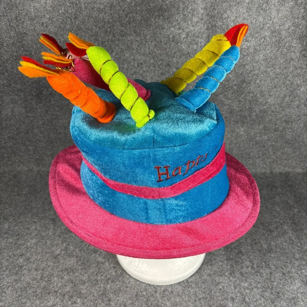 Novelty Happy Birthday Cake Plush Hat Top Hat Multicolor Candles One Size Blue